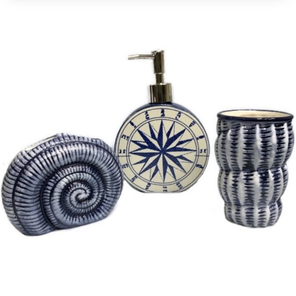 Nautical Beach Vanity Accessory Ceramic 3 Piece Set Set Blue - Picture 14 of 14